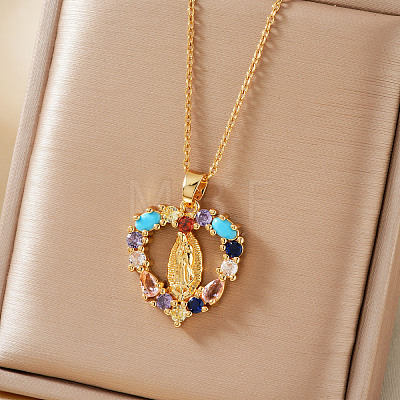 Vintage Brass Cubic Zirconia Religious Virgin Mary Heart Hollow Pendant Necklaces AB7554-1-1