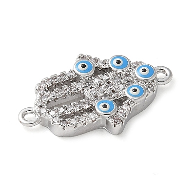 Brass Micro Pave Cleear Cubic Zirconia Evil Eye Hamsa Hand Connector Charms KK-C086-15B-P02-1