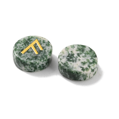 Brass Elder Futhark Alphabet Engraved Symbol Flat Round Natural Green Spot Jasper Rune Stones G-I373-01N-1