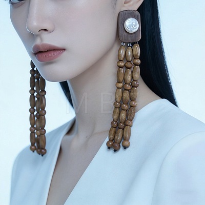 Wood & Imitation Pearl Stud Earrings WGE84F1-01-1