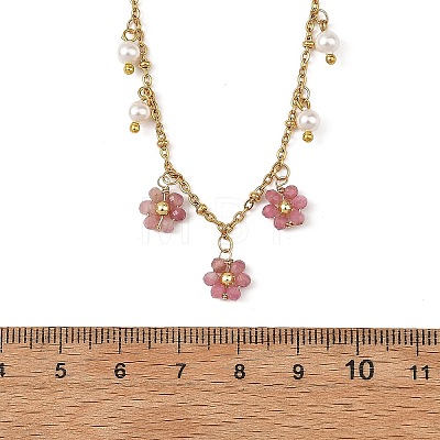 Natural Mixed Stone Faceted Round Beaded Flower Pendant 304 Stainless Steel Satellite Chain Necklaces NJEW-JN06500-1
