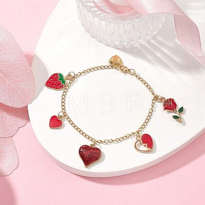 Rose & Heart & Strawberry Alloy Enamel Charm Bracelet with 304 Stainless Steel Chains for Valentine's Day BJEW-JB09545-1