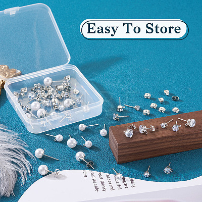  40Pcs 5 Style ABS Plastic Imitation Pearl & Clear Cubic Zirconia Stud Earring Findings EJEW-TA0001-08-1