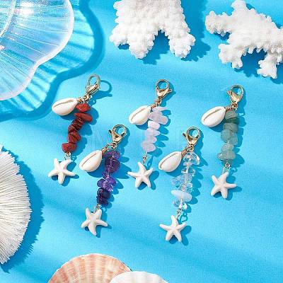 Starfish Synthetic Turquoise & Natural Cowrie Shell Pendant Decoration HJEW-JM02150-1