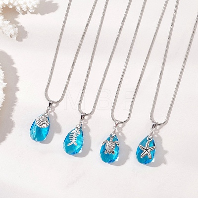 Ocean Alloy Sea Animal and Faceted Glass Teardrop Pendant Brass Round Snake Chain Necklaces for Women NJEW-JN05915-02-1