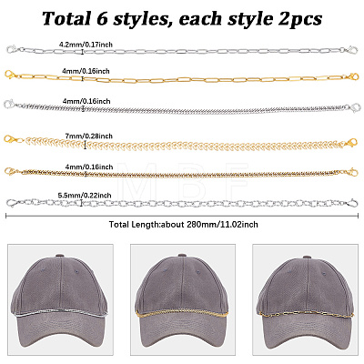 12Pcs 6 Styles 304 Stainless Steel Link Baseball Cap Chain AJEW-SC0003-64-1