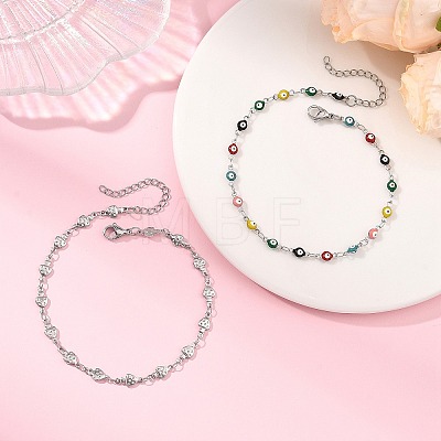 2Pcs 2 Styles 304 Stainless Steel Enamel Colorful Evil Eye Link Chain Anklets AJEW-AN00807-1