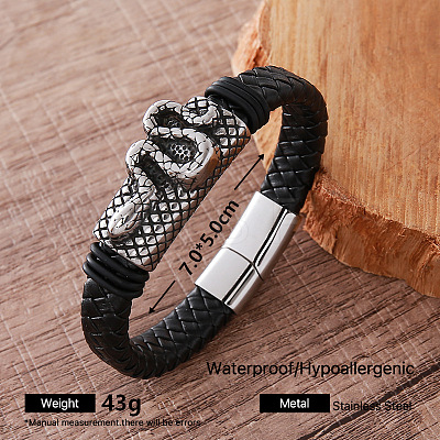Vintage 304 Stainless Steel Men's Braided PU Leather Bracelets with Metal Magnetic Clasps LE2657-1-1