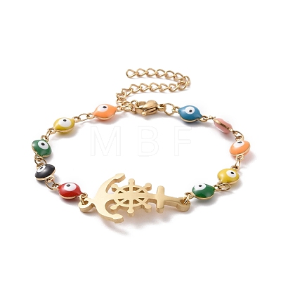 Vacuum Plating 304 Stainless Steel Link Bracelet with Colorful Enamel Evil Eye Chains for Women BJEW-B062-01G-1