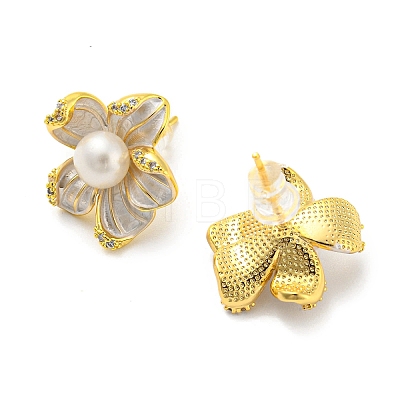 Cubic Zirconia Flower Stud Earrings with Natural Pearl EJEW-Z020-05G-1