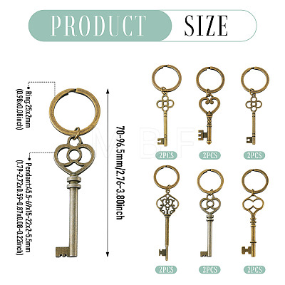 12Pcs 6 Styles Alloy Key Pendant Keychains KEYC-TA00041-1