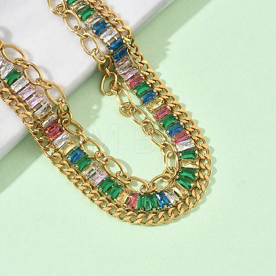 304 Stainless Steel & Glass Double Layers Chain Bracelets for Women BJEW-F540-10G-04-1