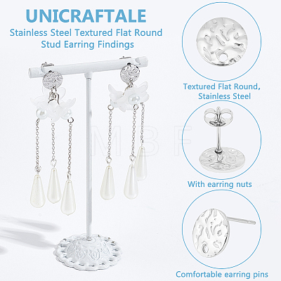 Unicraftale 60Pcs 201 Stainless Steel Textured Flat Round Stud Earring Findings STAS-UN0052-81-1