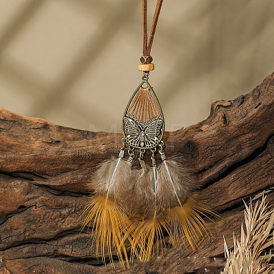 Ethnic Style Alloy & Wood Woven Web/Net with Feather Big Pendant Faux Suede Cord Necklaces for Women FS-WG285C1-05-1