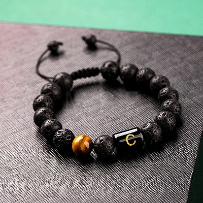 Natural Tiger Eye & Lava Rock Round Beads Adjustable Bracelets TV6214-3-1