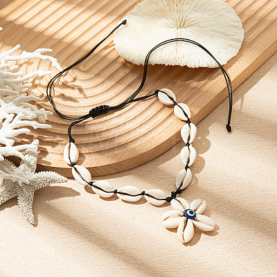 Summer Beach Natural Cowrie Shell Flower with Blue Resin Evil Eye Pendant Adjustable Necklaces for Women FS-WG177B0-01-1