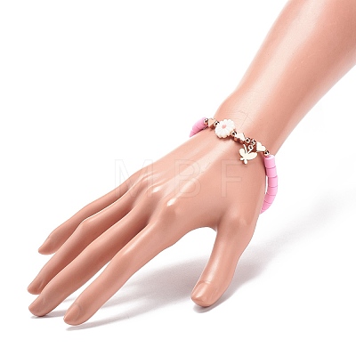 Polymer Clay & Natural Shell Daisy & Heart Beaded Stretch Bracelet BJEW-JB08846-1