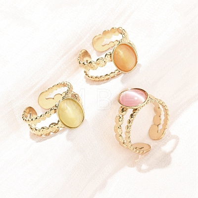 304 Stainless Steel with Glass Cat Eye Cuff Rings for Women RJEW-K309-40A-1