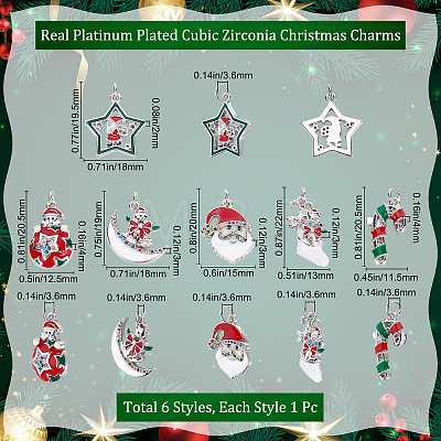 6Pcs 6 Style Christmas Themed Brass Micro Pave Cubic Zirconia Pendants ZIRC-BBC0001-41-1