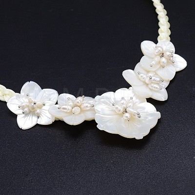 Natural Flower Pearl Beads Bib Statement Necklaces NJEW-P117-06A-1