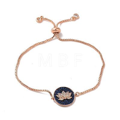 Rack Plating Brass Micro Pave Clear & Dark Blue Cubic Zirconia Box Chain Lotus Flower Link Slider Bracelets BJEW-G716-01RG-1