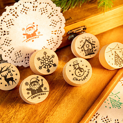 6Pcs 6 Styles Christmas Theme Wooden Stamps SCRA-PW0007-91-1