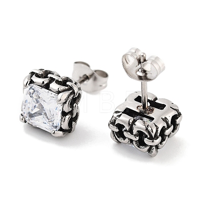 Square 316 Surgical Stainless Steel Pave Cubic Zirconia Stud Earrings for Women Men EJEW-Z050-06B-AS-1