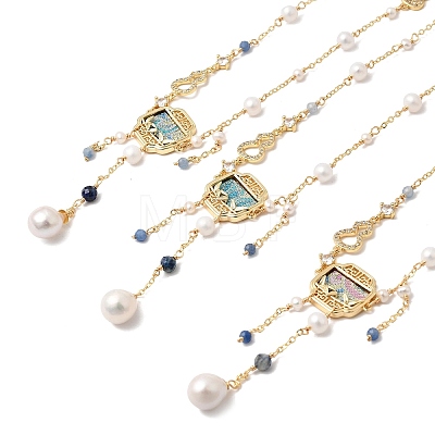 Chinese Brass Micro Pave Clear Cubic Zirconia and Imitation Pearl Gourd Shape and Square Pendant Necklaces with Natural Lapis Lazuli & Aquamarine Beads Tassel AJEW-H158-05G-1