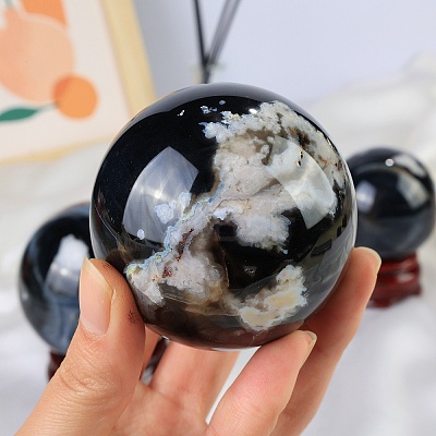 Natural Black Cherry Blossom Agate Crystal Ball PW-WG77102-02-1