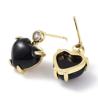 Heart Natural Black Agate Dangle Stud Earrings with Cubic Zirconia EJEW-B027-23G-1