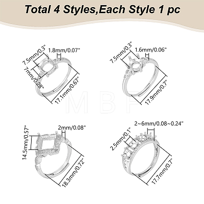 WADORN 4Pcs 4 Style Adjustable Brass Pad Ring Settings KK-WR0001-15-1