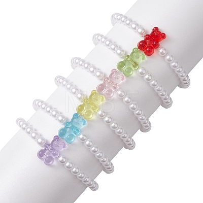 6Pcs 6 Color Acrylic Bear & Imitation Pearl Beaded Stretch Bracelets Set for Children BJEW-JB10047-1