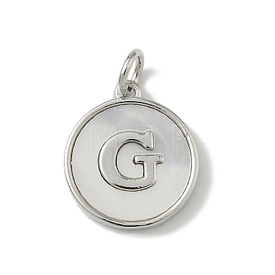 Brass Pave Natural Shell Flat Round with Letter Charms KK-Z115-13P-G-1