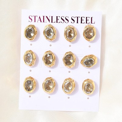 6 Pairs 304 Stainless Steel Pave Cubic Zirconia Stud Earrings SA-CBADCF0-04G-04-1