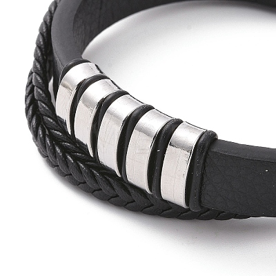 Black Microfibre Braided Cord Triple Layer Multi-strand Bracelet with 304 Stainless Steel Magnetic Clasps BJEW-P275-03P-1