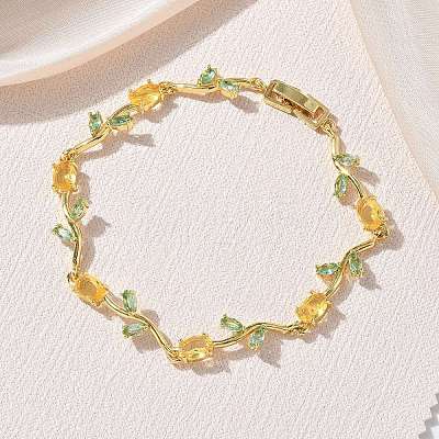 Brass Glass Flower Link Chain Bracelets KK-CBA7DFA-01G-10-1
