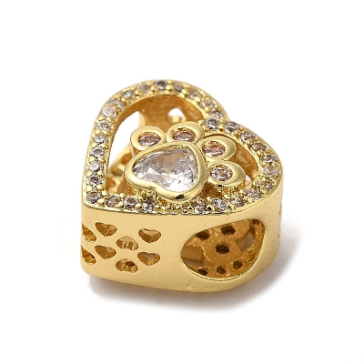 Heart with Paw Print Pattern Rack Plating Brass Micro Pave Cubic Zirconia European Beads KK-G511-05B-G-1