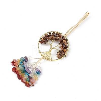 Natural Tiger Eye Tree of Life with Mixed Gemstone Chips Tassel Big Pendant Decorations HJEW-H057-03G-A03-1
