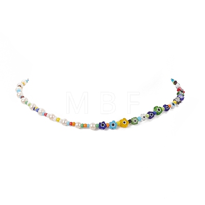 Natural Pearl & Millefiori & Seed Glass Beaded Necklace for Women NJEW-JN04161-1