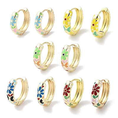 Real 18K Gold Plated Brass Enamel Flower Print Hoop Earrings for Women EJEW-L269-115G-1