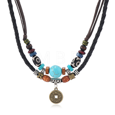 Adjustable Coin Alloy & Synthetic Turquoise & Wood Beaded Pendant Necklaces FS-WG4430E-01-1