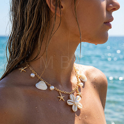 Summer Beach Alloy & Faux Pearl & Natural Cowrie Cluster Flower Pendant Necklaces for Women WG22E51-01-1