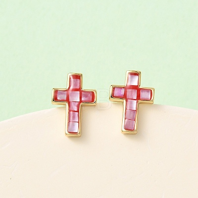 Brass Enamel Cross Stud Earrings EJEW-I322-03G-1