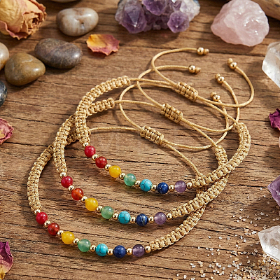 3Pcs Adjustable Chakra Natural & Synthetic Mixed Stone Round Bead Braided Bracelet Sets ZZ4943-7-1