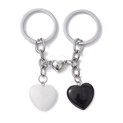 Natural Black Stone & Natural White Jade Heart Keychains KEYC-JKC00548-1