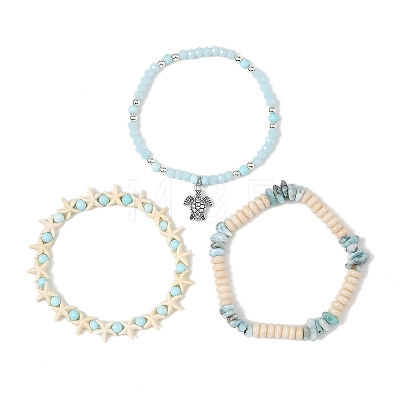 3Pcs 3 Styles Dyed Natural Howlite & Petrified Wood & Larimar & Synthetic Turquoise Stretch Bead Bracelet Sets BJEW-JB14430-1