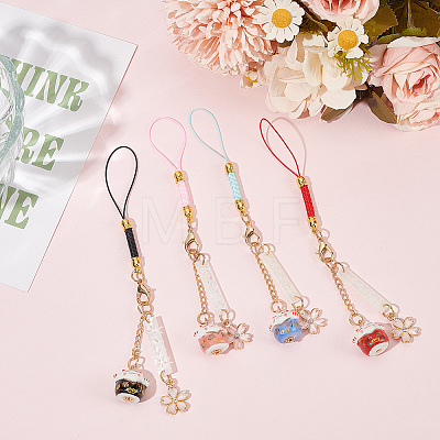 GOMAKERER 4Pcs 4 Colors Japanese Style Porcelain Lucky Cat & Sakura Alloy Enamel Mobile Straps HJEW-GO0001-09-1