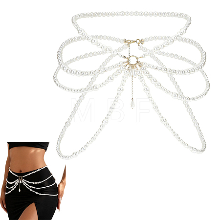 1Pc Plastic Round Imitation Pearl Beaded Tassel Waist Chains for Women AJEW-ME0003-16-1