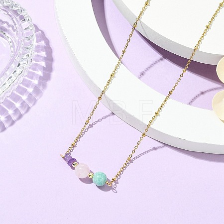 Round Natural Amazonite & Madagascar Rose Quartz & Chip Natural Amethyst Beaded Pendant 304 Stainless Steel Satellite Chain Necklaces for Women NJEW-JN06158-02-1