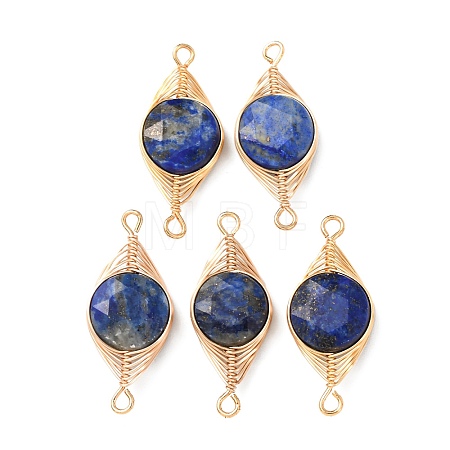 Natural Lapis Lazuli Faceted Hexagonal Cut Flat Round Links Connector Charms with Copper Herringbone Wire-Wrapped KK-Z152-07G-02-1